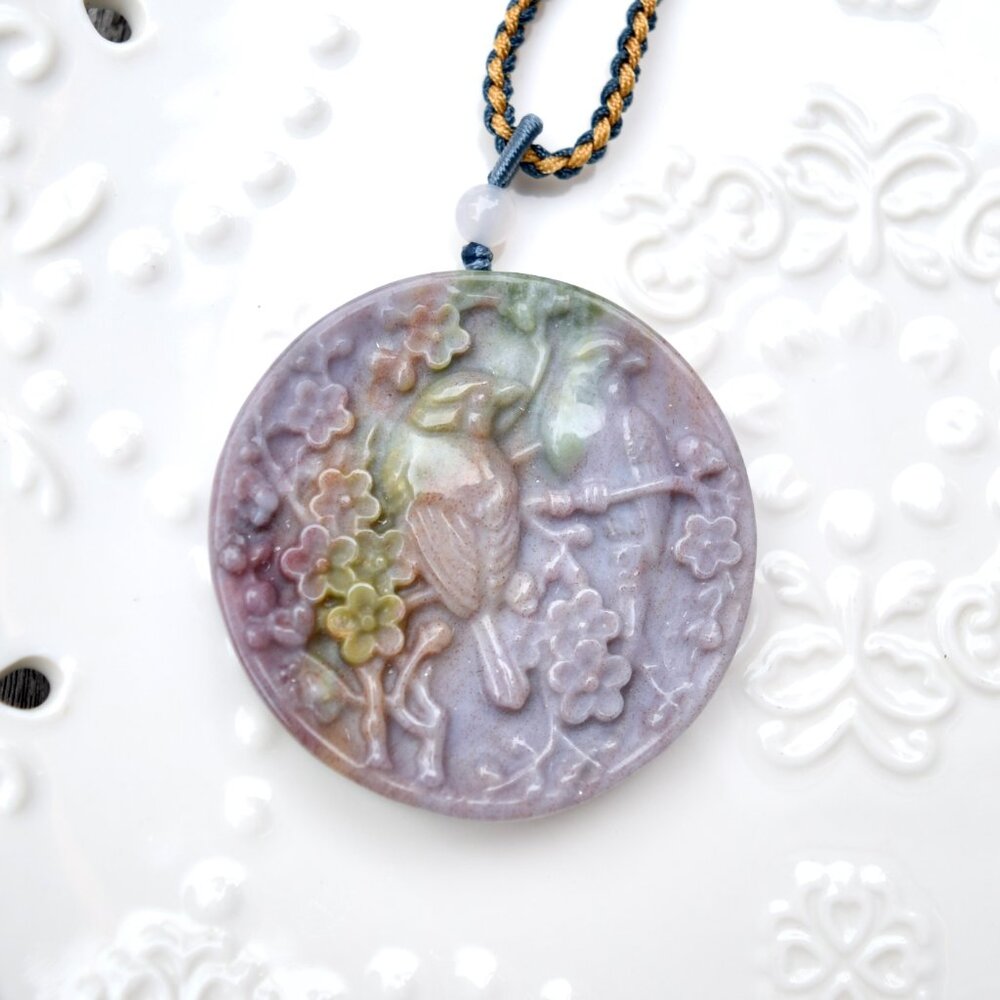 Purple Ocean Agate Pendant Rope Necklace - Bird